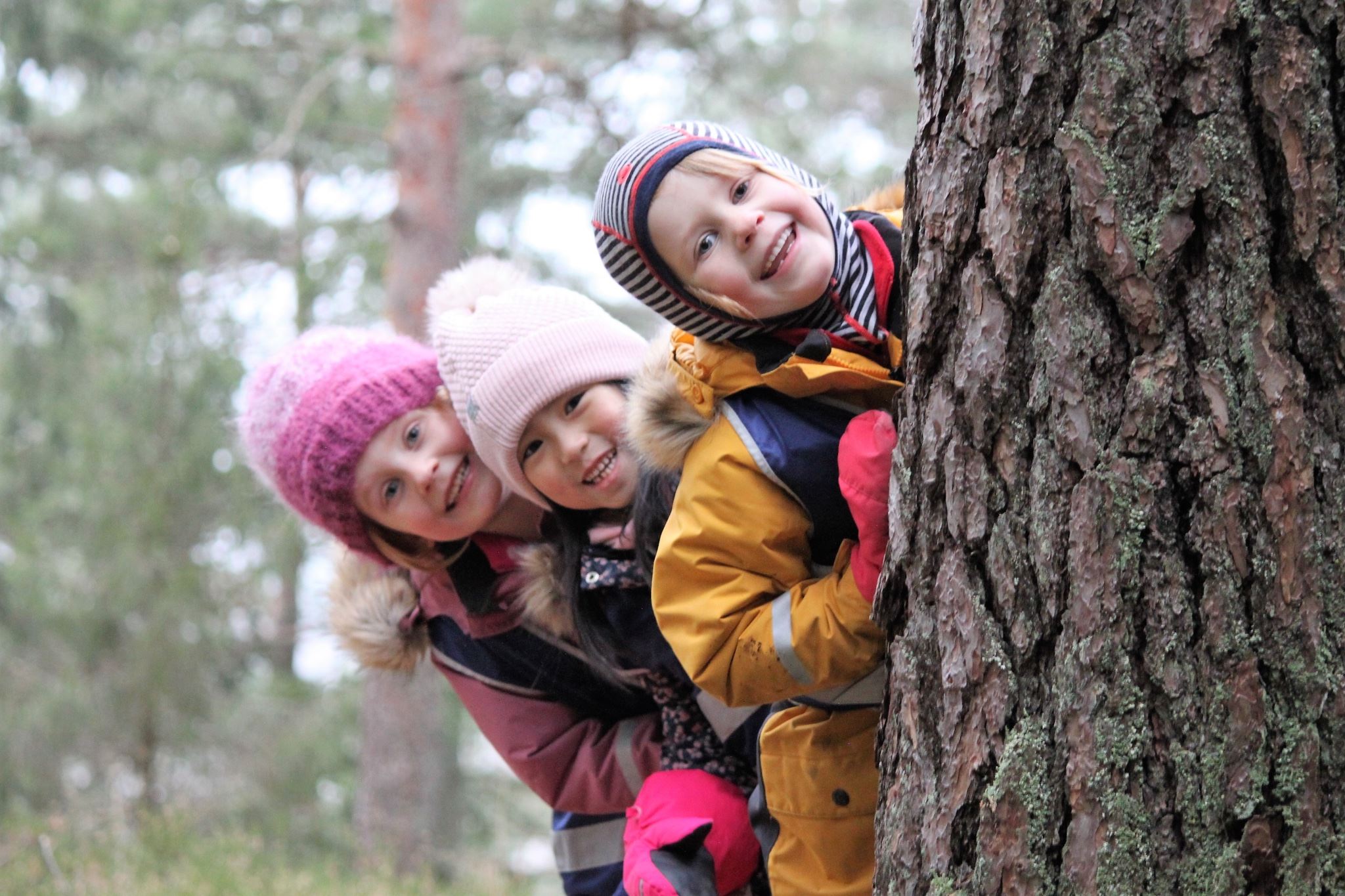 Tre barn ser ut bak et tre og smiler inn i kameraet
